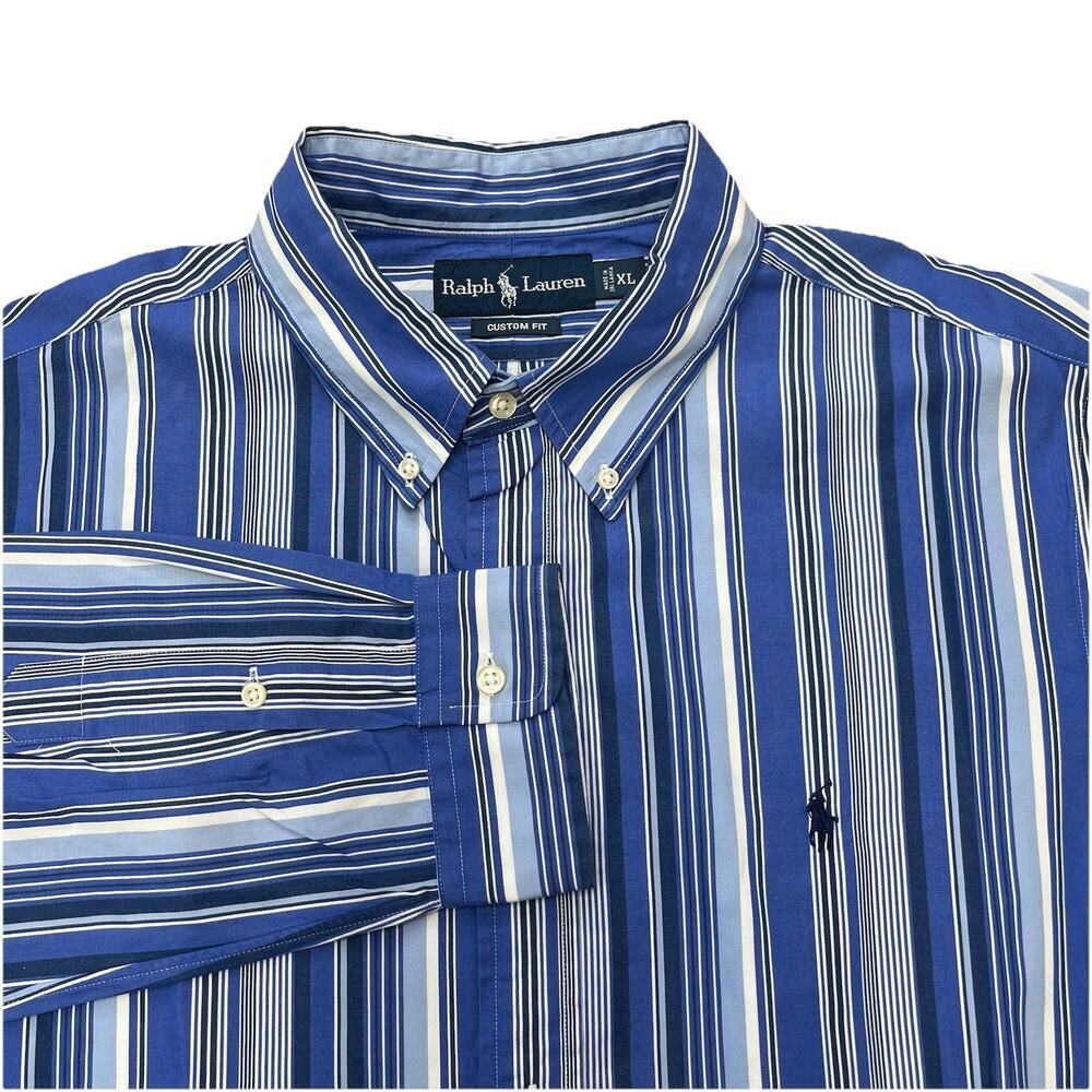 Ralph Lauren Custom Fit Blue White Striped Button-Down Shirt Mens Size XL Preppy